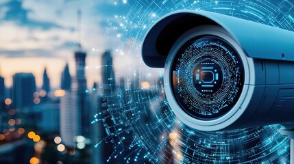 Modern surveillance camera with digital interface over a cityscape, showcasing urban security technology in action.
