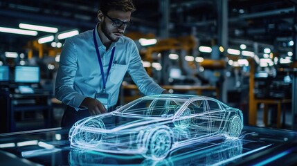 A professional examines a holographic car model in a modern manufacturing facility, showcasing innovative technology and design.
