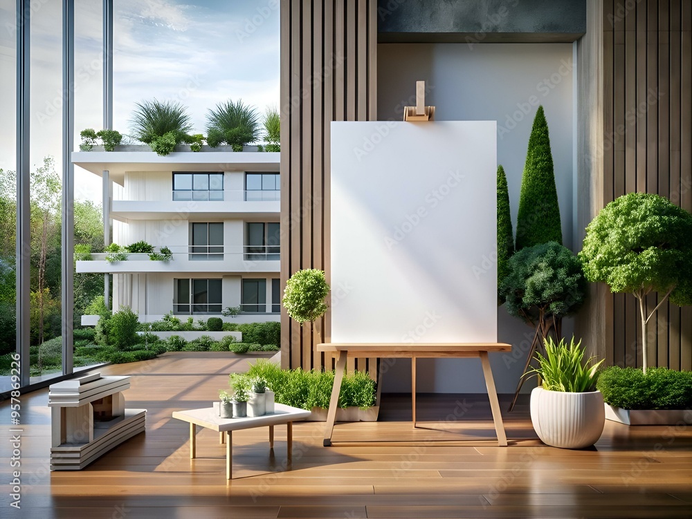 Poster modern mockup of a blank canvas on an easel. set against a stylish patio backdrop.