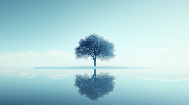 A serene landscape with a single tree with reflection in water, symbolizing growth and recovery from PTSD.
