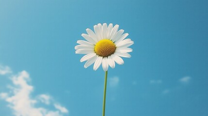 A single white daisy flower on a blue sky background
