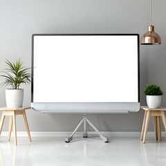 A sleek. modern projector screen stands ready for your presentation or movie night.