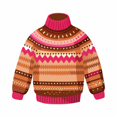 Colorful cozy chunky knitted sweater with patterns on white background