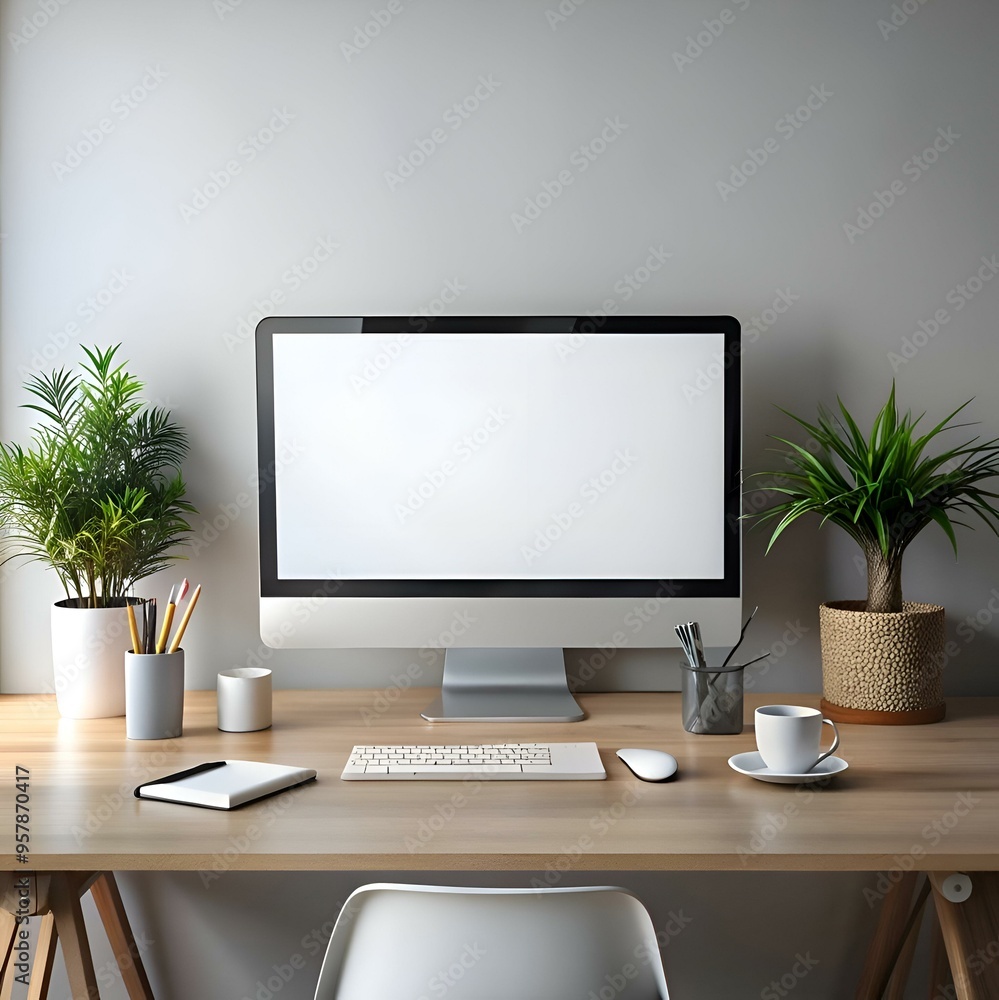 Poster clean and modern desktop mockup featuring a blank screen computer. keyboard. mouse. and office essen