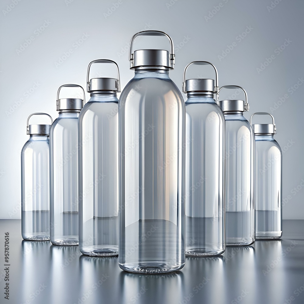 Poster a set of six clear glass water bottles with silver lids and handles. arranged in a row from largest 
