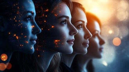 A diverse group of business professionals standing confidently, overlaid with a digital grid in vibrant blue hues, representing the network of global business connections, hd quality, bright lighting,