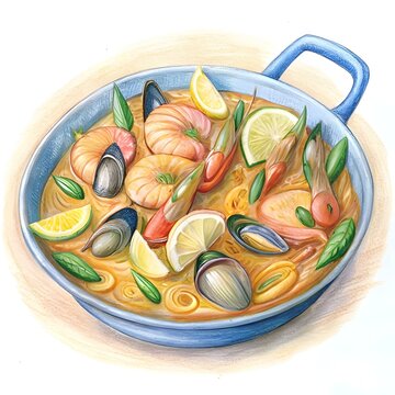 seafood paella dish with lemon slices clip art preview