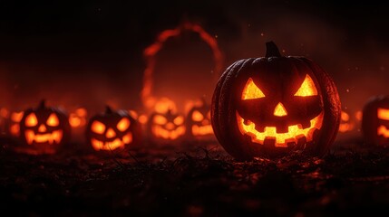 Spooky Jack-o'-lanterns Floating at Dark Cave Entrance with Ominous Ambiance