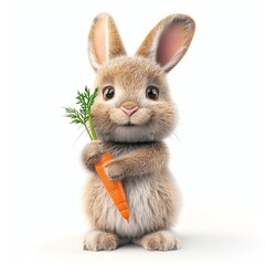 Obraz premium 3D illustration of a happy bunny holding a carrot, isolate on white background, front view, bright lighting, fluffy fur texture