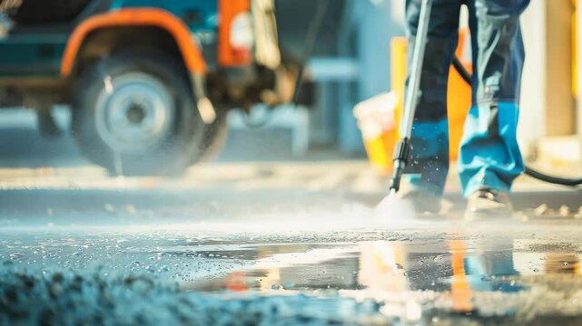 A worker is cleaning the sidewalk using a pressure washer. Municipal services clean the streets