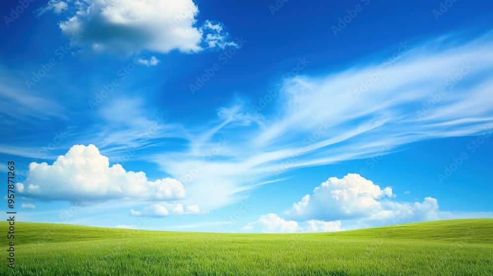 Wall mural abstract background of green grass on a background of blue sky with white clouds