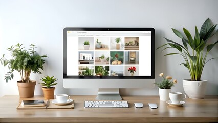 A modern workspace with a sleek computer screen showcasing a grid of diverse plants. creating a tranquil and inspiring atmosphere.