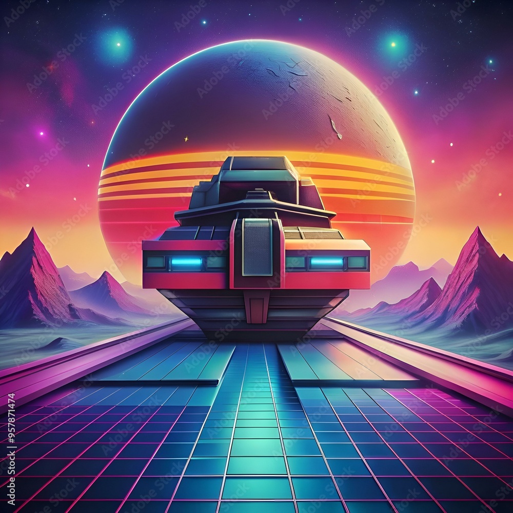Poster a futuristic spaceship. sleek and retro inspired. sits on a landing pad in an alien landscape.