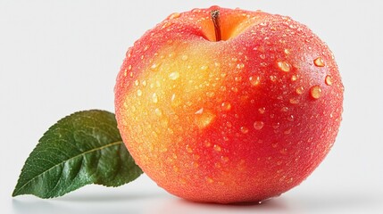 Fresh Red Apple with Dew Drops: A vibrant red apple, glistening with dew drops, sits on a white background, creating a refreshing and healthy visual. The single leaf adds a touch of nature, emphasizin