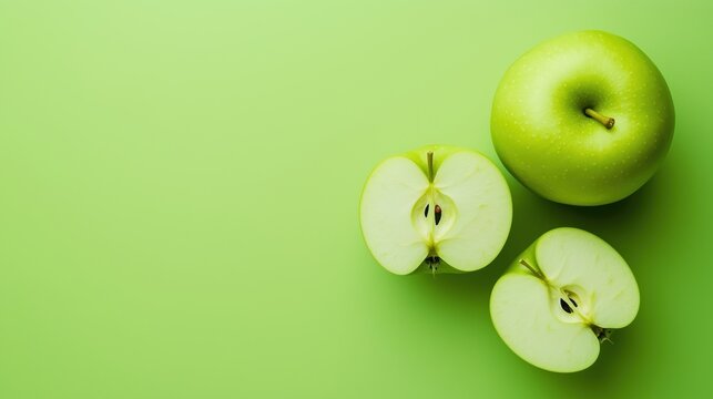 Green apples on the right side of a solid lime green background, top view