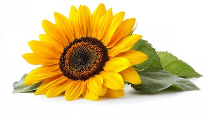 Naklejka premium Golden Sunflower Serenity: A single sunflower lays against a white backdrop, emanating warmth and tranquility. 