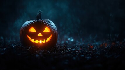 Naklejka premium Enchanting Jack-o'-Lantern Illuminating Mysterious Forest Fog - Ultra HD