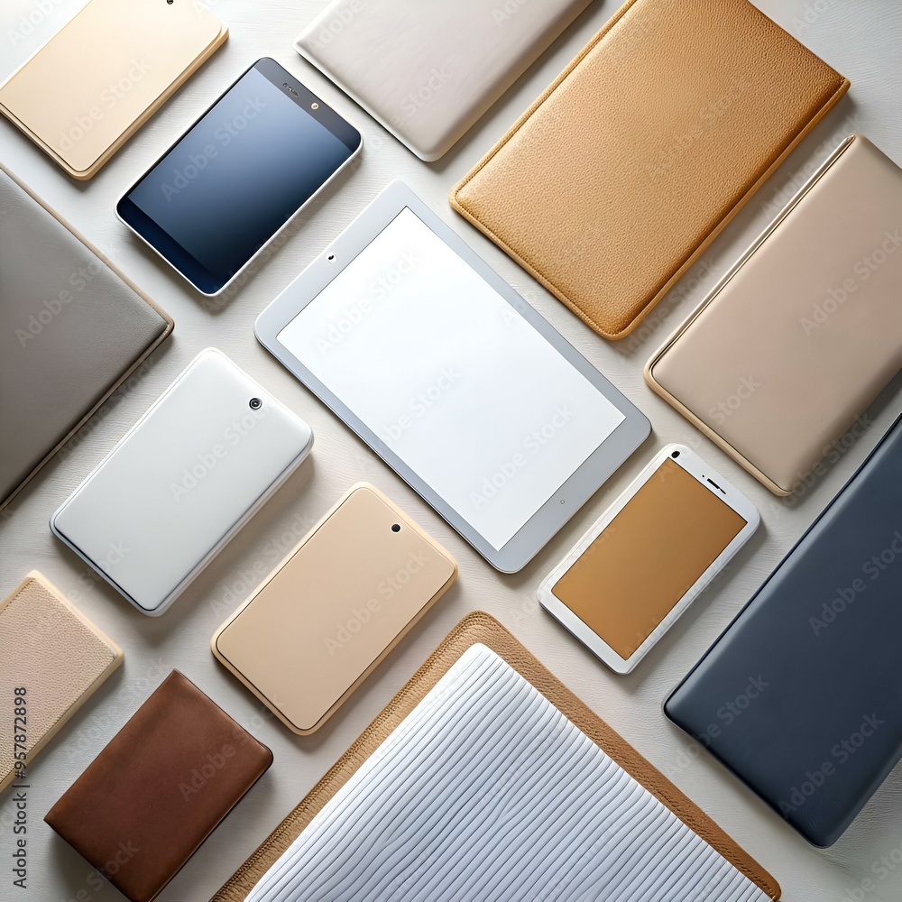 Poster a flat lay of various tech devices on a light background.