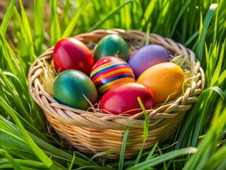 A vibrant Easter egg radiates joy amidst a lush green grass backdrop, nestled in a soft and delicate wicker basket.