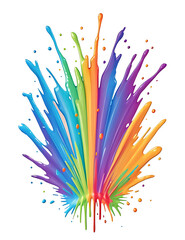 A 3D-rendered splash of vibrant paint, with splatters of different colors suspended mid-air, frozen in dynamic motion, set against a plain white background, perfect for art supply store promotions 
