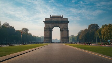 Fototapeta premium A view of the iconic India Gate, with its imposing structure and detailed inscriptions.