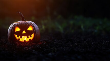 Sinister Glowing Jack-o'-lantern in Eerie Dark Scene with Copy Space, Selective Focus - Ultra HD
