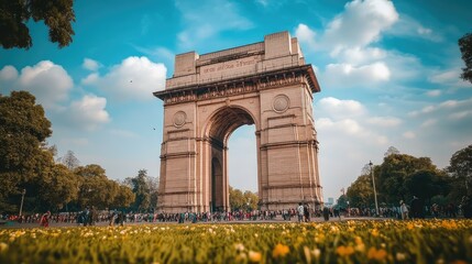 Obraz premium A view of the iconic India Gate, with its imposing structure and detailed inscriptions.