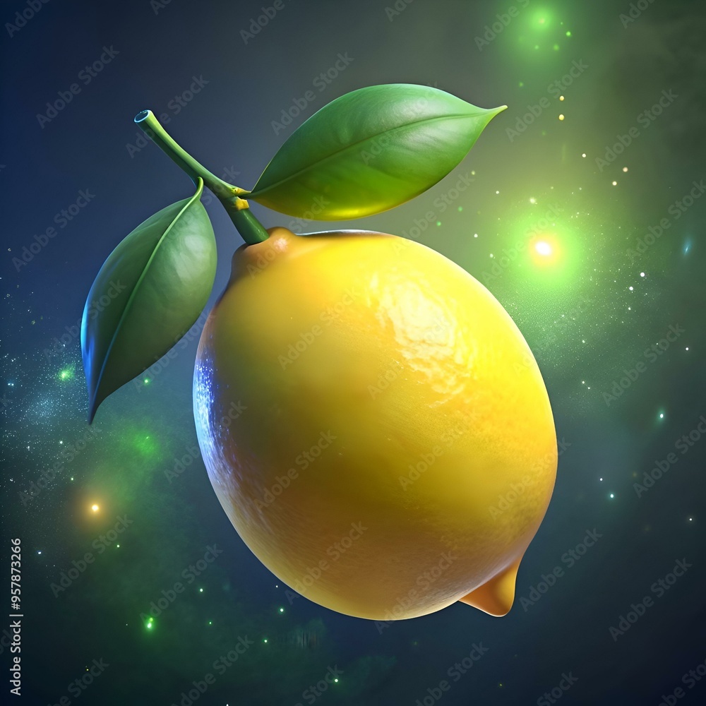 Poster a vibrant. 3d rendered lemon with two leaves. floating in a starry nebula.