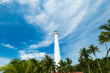 Belitung beach and island with Lengkuas Island lighthouse. Beautiful aerial view of islands and sea in Belitung, Indonesia 