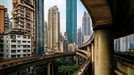 Obraz premium A view of the skyscrapers in Lower Parel, with the monorail track weaving through the buildings.