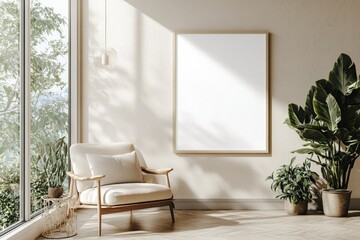 Poster Frame in Beige minimalist living room interior created with generative AI