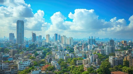 Naklejka premium A view of the Mumbai skyline with the iconic Antilia building towering above the cityscape.