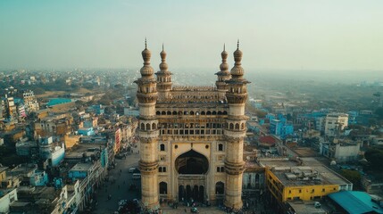 Fototapeta premium A wide shot of the iconic Charminar in Hyderabad, showcasing its four minarets and detailed architecture.