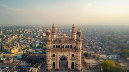 A wide shot of the iconic Charminar in Hyderabad, showcasing its four minarets and detailed architecture.