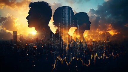 A double exposure of a multinational business team, overlaid with a stock market graph showing continuous growth, representing sustained economic success, hd quality, soft lighting, sharp contrasts.