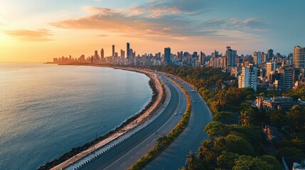 Aerial view of Mumbai iconic Marine Drive curving along the Arabian Sea, with the skyline in the background.