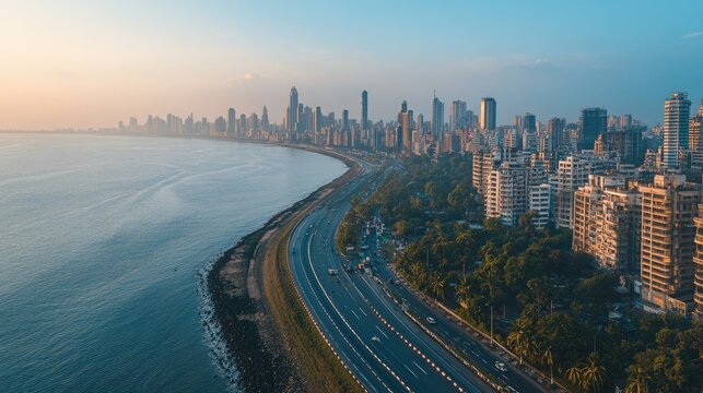 Aerial view of Mumbai iconic Marine Drive curving along the Arabian Sea, with the skyline in the background.