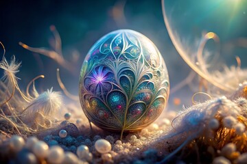 A photo image of a delicate, iridescent egg with intricate swirling patterns and soft, downy tendrils sprouting from its surface, suspended in a misty, mystical environment.