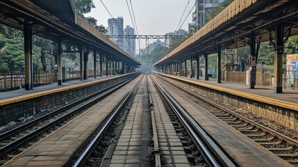 Fototapeta premium An empty local train station platform in Mumbai, with the tracks stretching out into the distance.