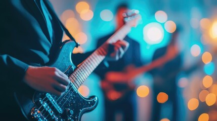 Energetic wedding band takes the stage captivating the reception crowd with a lively performance of upbeat music