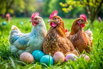 Fototapeta premium A photo image of soft-feathered hens with mottled brown, pink, and blue eggs sitting in a lush green meadow