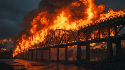 Large flames and billowing clouds of smoke and ash devoured the bridge.
