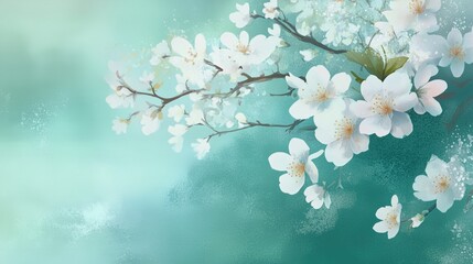 Cherry blossom close up with soft white flowers on branches, blue color background of nature
