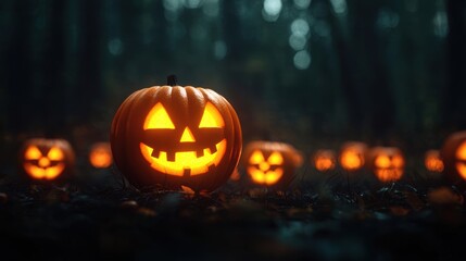 Eerie Jack-o'-Lanterns Floating in Dark Misty Forest with Halloween Ambiance