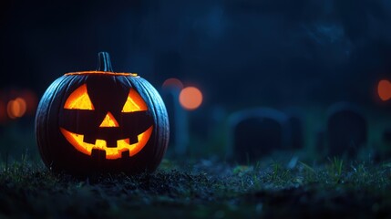 Eerie Glowing Jack-o'-lantern in Shadowy Graveyard on Creepy Halloween Night with Copy Space, Selective Focus - Ultra HD