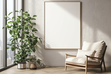 Poster Frame in Beige minimalist living room interior created with generative AI