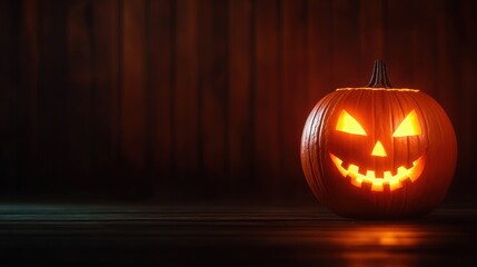 Obraz premium Sinister Glowing Pumpkin in Eerie Halloween Room with Copy Space | Selective Focus on Foreground, Ultra HD