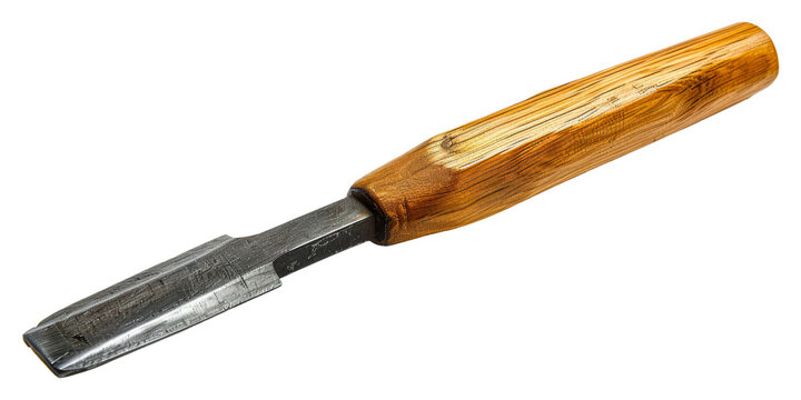 Carving tool with wooden handle resting on a surface in natural light isolated on transparent background