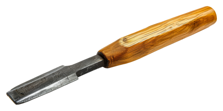 Carving tool with wooden handle resting on a surface in natural light isolated on transparent background