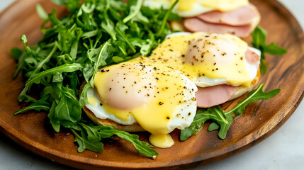 Perfectly poached eggs with ham and hollandaise sauce, served with a side of arugula